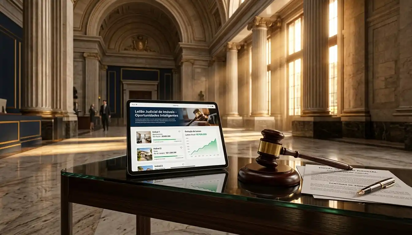 Vista cinematográfica de um tribunal neoclássico ao pôr do sol, com tablet digital exibindo interface de leilão de imóveis e martelo de juiz sobre superfície de vidro. Representa a segurança jurídica e a tecnologia moderna nos leilões judiciais.