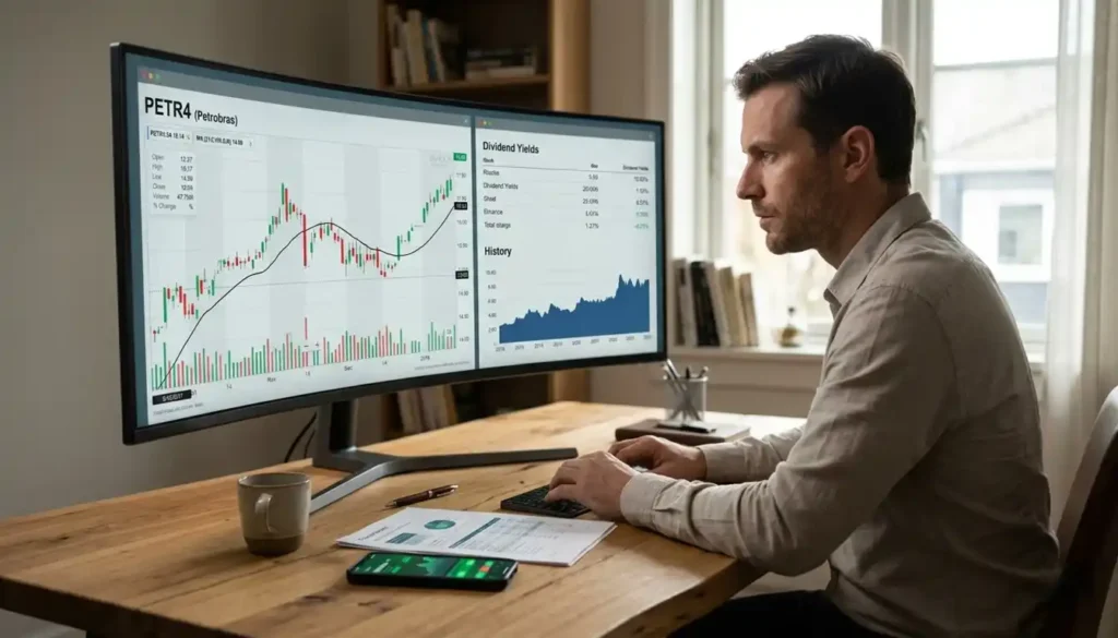 Investidor profissional em home office analisando gráficos da ação PETR4 em monitor, com aplicativo de trading no celular mostrando indicadores positivos. Cena realista de acompanhamento de investimentos em dividendos.