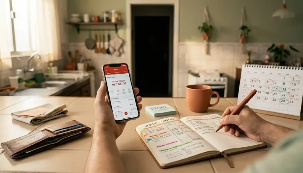 Mãos organizando contas domésticas em uma cozinha brasileira, usando aplicativo bancário no celular e caderno de anotações para controlar gastos e vencimentos, representando a rotina de gestão financeira diária.
