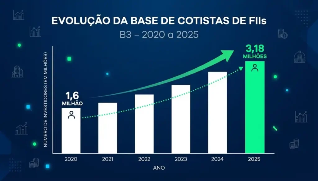 Gráfico da B3: evolução de 1,6 mi para 3,18 mi de cotistas de FIIs entre 2020 e 2025.