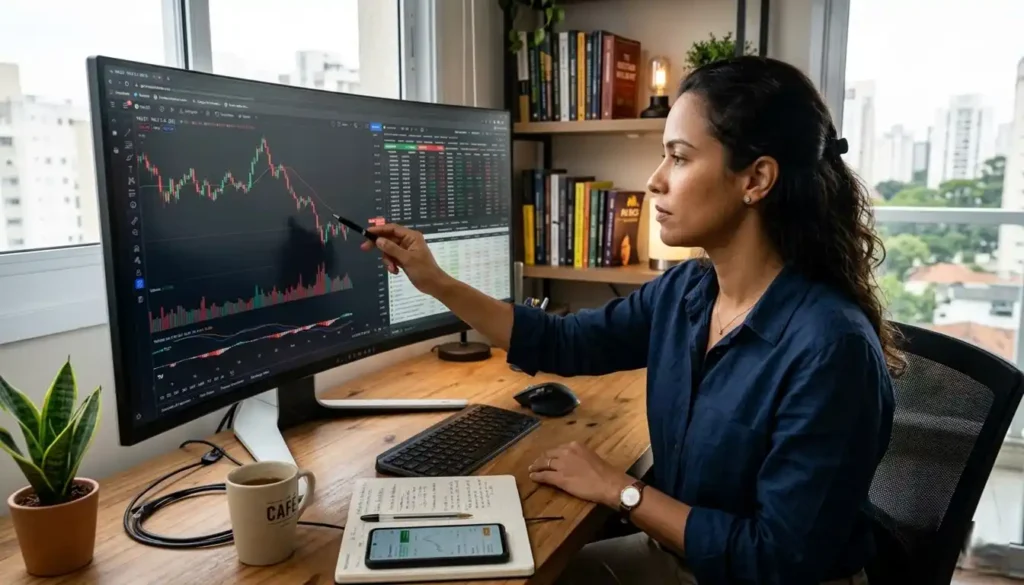 Profissional em home office analisando gráficos da ação VALE3 em um monitor ultrawide, com anotações e café sobre a mesa. Cena realista que representa o investidor estudando resultados trimestrais de forma organizada.