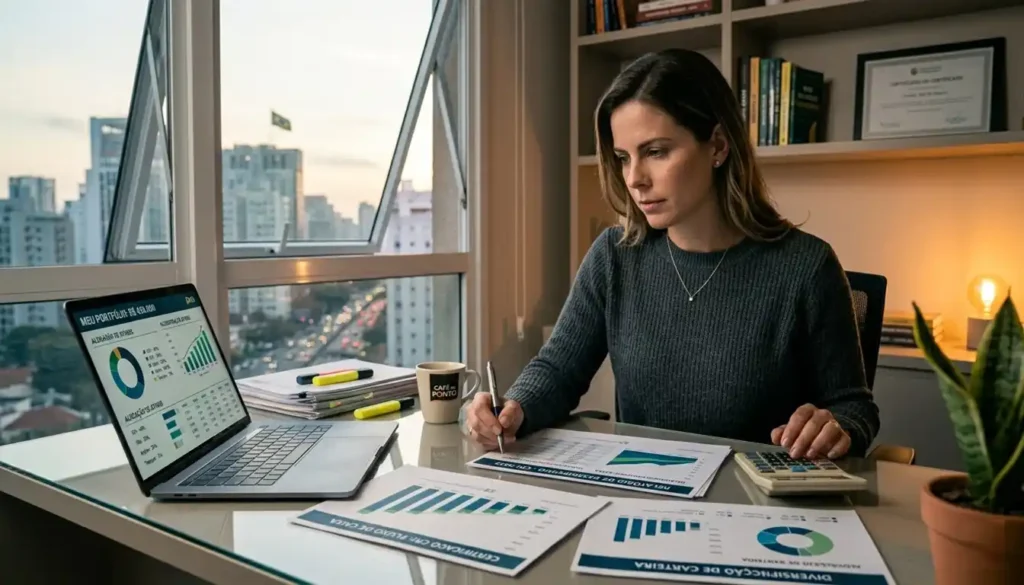 Investidor brasileiro em home office analisando relatórios financeiros e certificados de recebíveis imobiliários em sua mesa organizada. Cena cotidiana e realista que ilustra o acompanhamento prático de investimentos em fundos imobiliários de papel.
