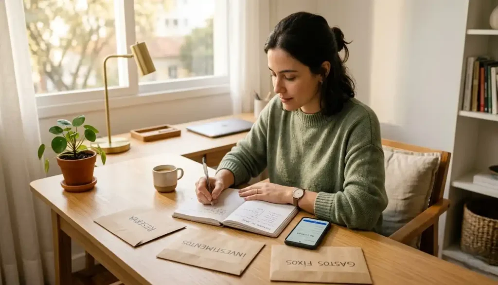 Jovem profissional organizando finanças em um home office iluminado pela luz natural da manhã, com envelopes etiquetados para reserva, investimentos e gastos fixos sobre a mesa. Cena acolhedora e realista de rotina financeira diária.