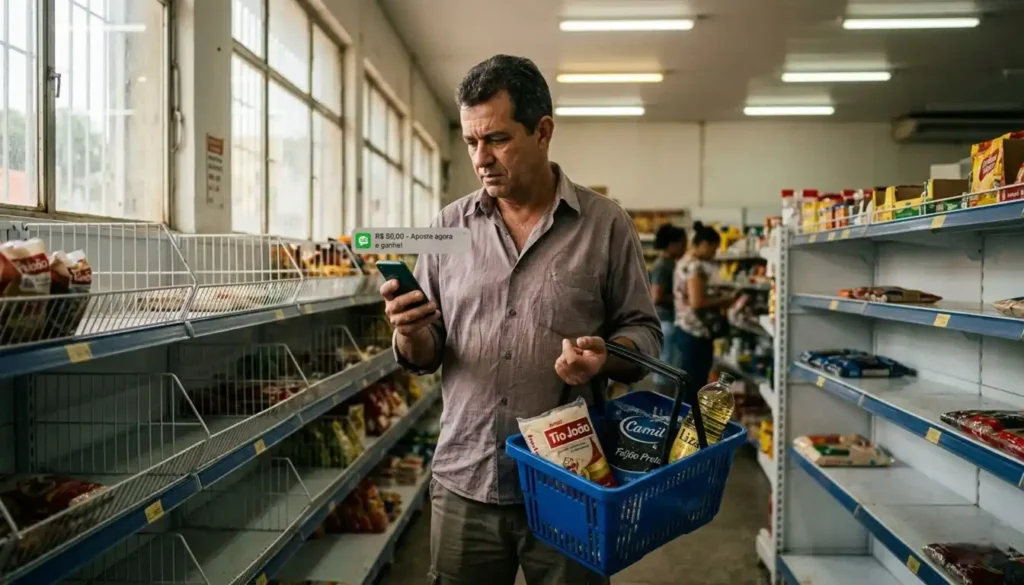 Homem em supermercado brasileiro segura cesta de compras com poucos itens essenciais enquanto olha para o celular com notificação de app de apostas. A cena retrata o dilema cotidiano de priorizar apostas em vez de compras básicas, ilustrando a mudança no comportamento do consumidor.