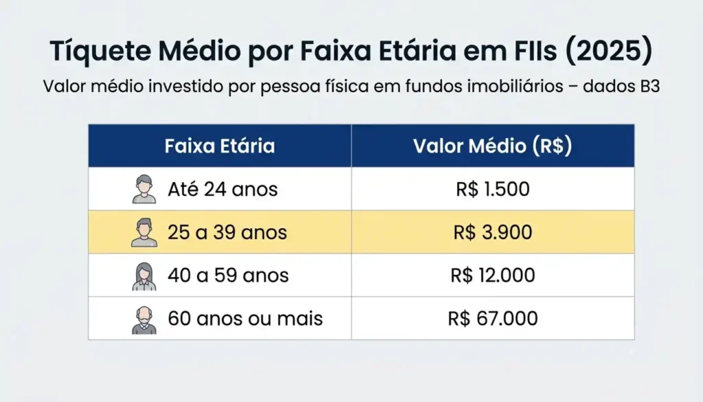 Tabela: tíquete médio em FIIs – jovens 25-39 anos investem R$ 3.900 idosos +60 investem R$ 67 mil.