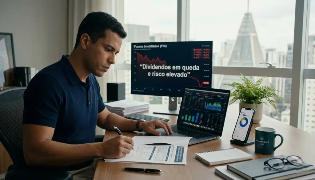 Investidor analisa relatórios e gráficos do VGHF11 em uma mesa organizada iluminada por luz natural. A cena transmite estudo financeiro cuidadoso e preocupação com dividendos e risco da carteira.