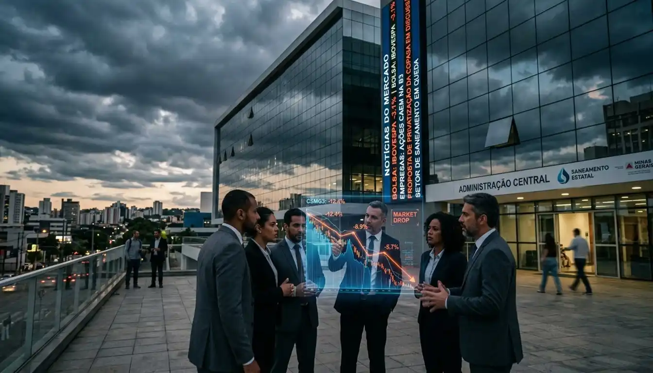 Executivos observam gráficos financeiros em frente a um prédio corporativo de saneamento durante um cenário de incerteza sobre a privatização da Copasa. A imagem transmite tensão de mercado e impacto econômico.