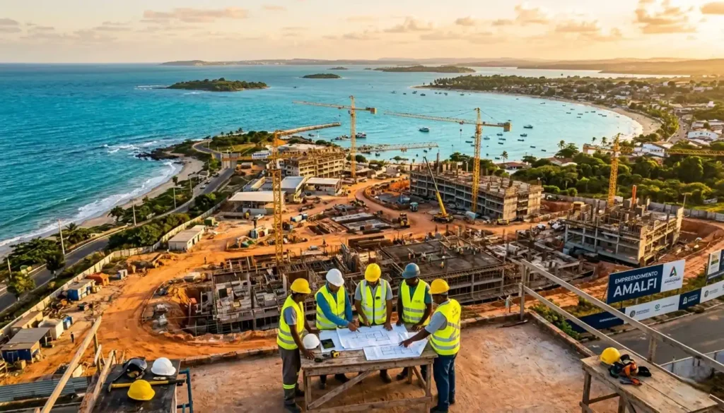 Vista aérea cinematográfica de canteiro de obras costeiro durante o pôr do sol, com trabalhadores analisando plantas arquitetônicas em primeiro plano e guindastes erguendo estruturas de concreto ao fundo. Mar azul-turquesa e terreno avermelhado compõem a paisagem, com placa identificando o Empreendimento Amalfi em Itaparica.