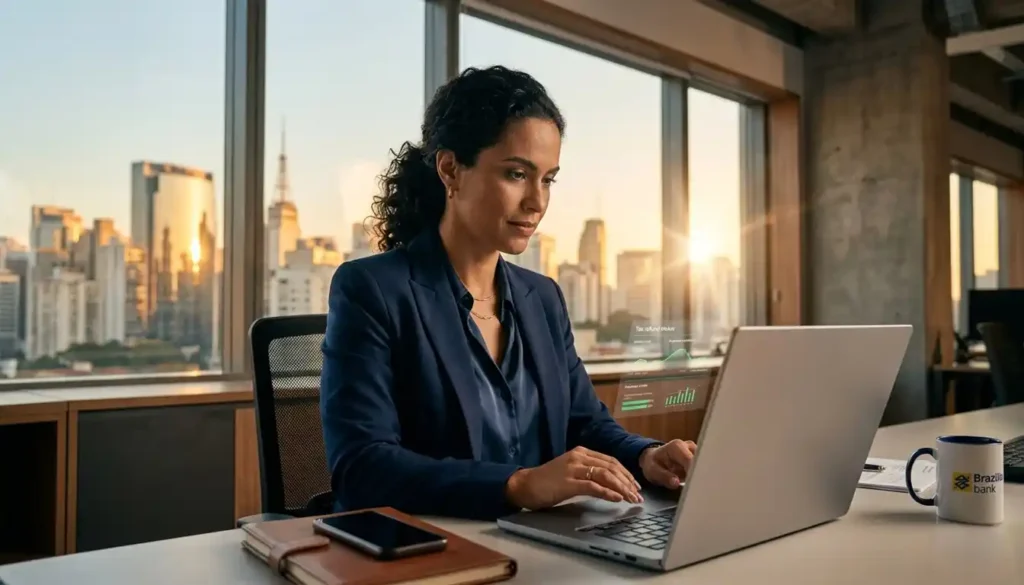 Profissional analisando informações financeiras de restituição do imposto de renda em um laptop moderno com skyline de São Paulo ao fundo.