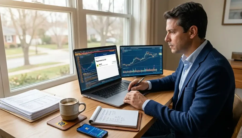 Pessoa acompanha investimentos e dividendos pelo notebook em ambiente doméstico organizado. A imagem representa planejamento financeiro e monitoramento de ações BBAS3.