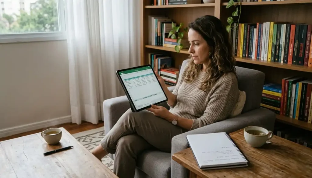 Pessoa em casa analisando sua planilha de gastos mensais em um tablet, em um ambiente iluminado por luz natural da manhã, representando o hábito prático e organizado de revisar finanças pessoais regularmente.