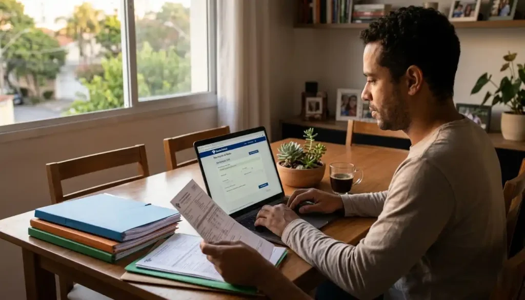 Um homem de camisa social clara, sentado à mesa em casa, preenche a declaração do Imposto de Renda no notebook. Ele segura um informe de rendimentos enquanto digita. Documentos fiscais estão organizados sobre a mesa ao lado de uma xícara de café. A luz natural da janela ilumina a cena, criando um ambiente tranquilo e caseiro.