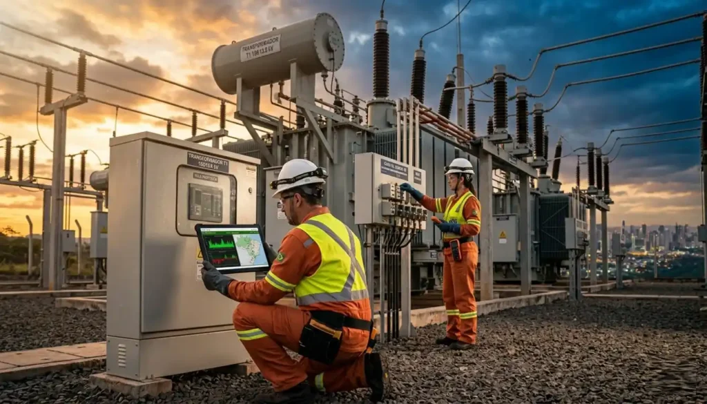 Engenheiros inspecionam uma subestação elétrica moderna com equipamentos de alta tecnologia, representando operação e eficiência no setor de distribuição de energia.