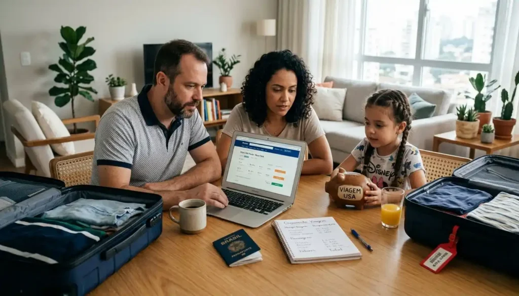Família brasileira planejando uma viagem internacional em casa, com laptop, passaportes e orçamento sobre a mesa, representando decisões financeiras influenciadas pelo câmbio do dólar. A cena transmite organização, planejamento e consumo consciente.