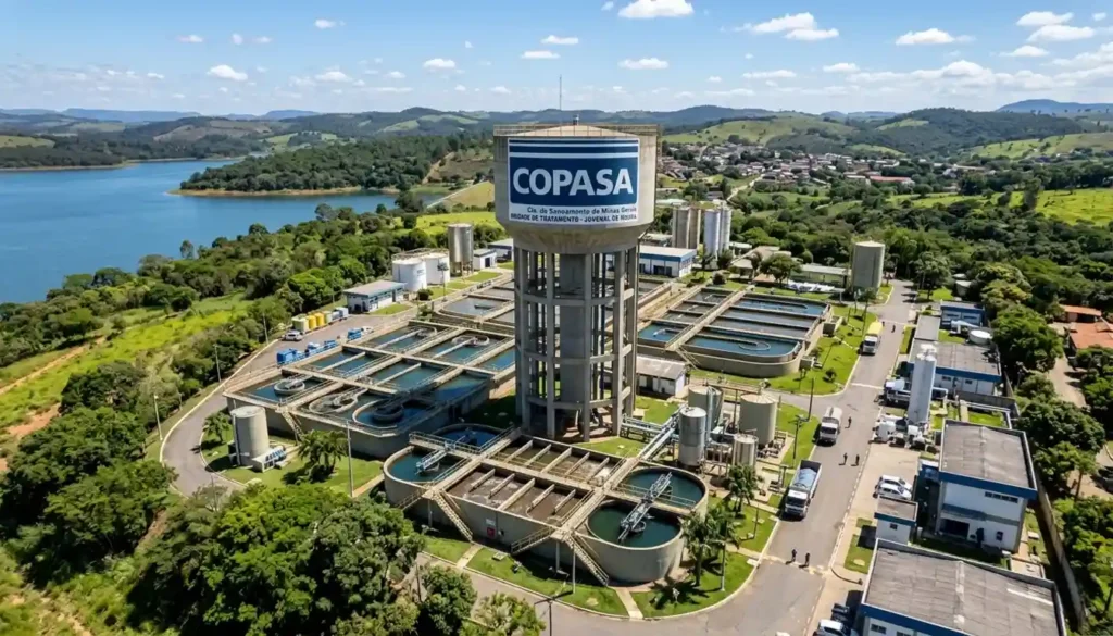 Vista aérea de uma estação de tratamento de água da COPASA localizada em uma área rural arborizada ao lado de uma grande represa. Em destaque, no centro, há uma grande torre de água cilíndrica de concreto com o logotipo azul e branco da COPASA.
