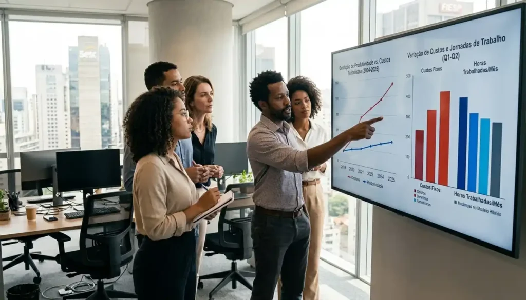 Equipe em escritório analisando gráficos de produtividade e custos trabalhistas, ilustrando o impacto prático do fim da escala 6x1 nas empresas.