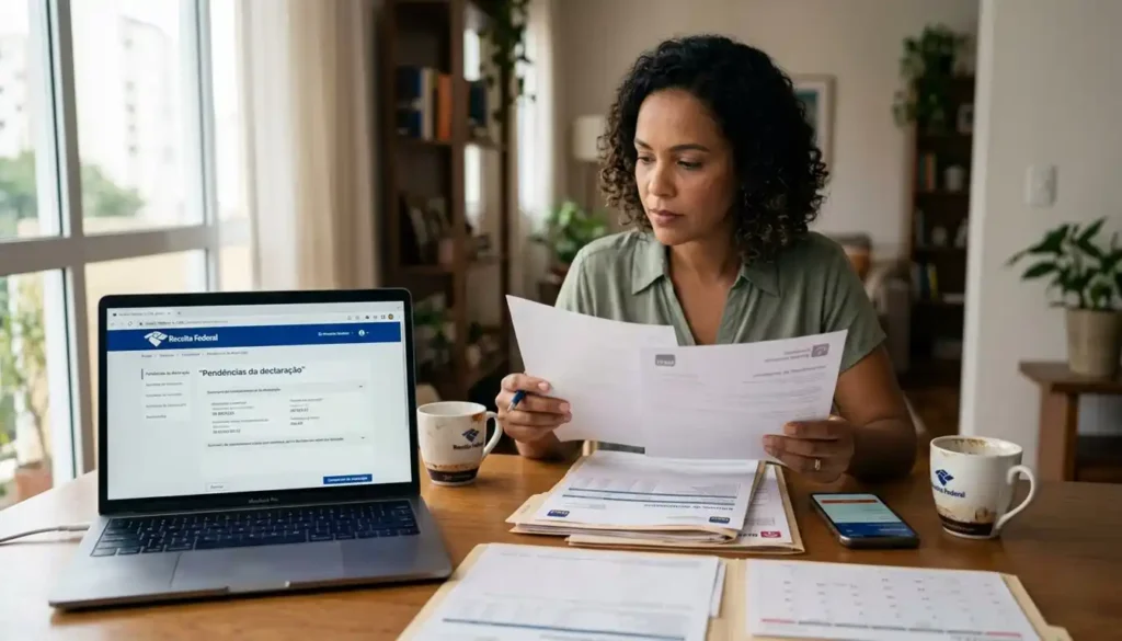 Pessoa organizando documentos financeiros enquanto revisa a declaração do Imposto de Renda no notebook. A cena transmite planejamento e conferência de possíveis pendências fiscais.