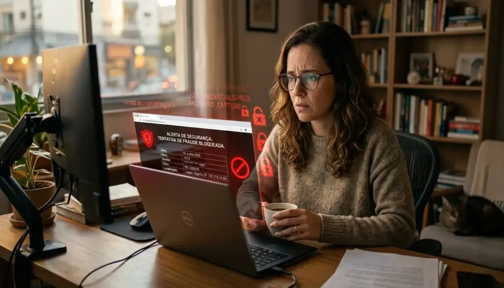 Pessoa em home office observa alerta de possível fraude digital no computador, demonstrando preocupação durante uma transação online.