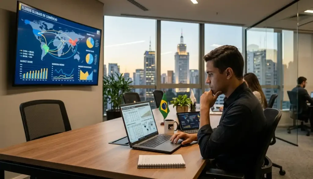Profissional analisando gráficos de comércio internacional em um escritório moderno, com dados econômicos globais exibidos ao fundo em telas digitais.