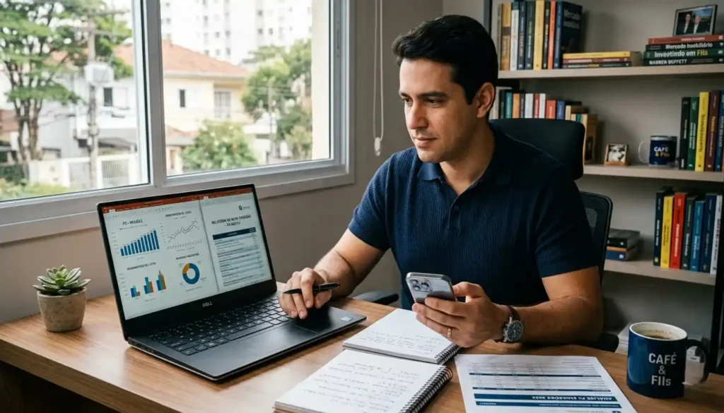Pessoa analisa informações sobre fundos imobiliários em um notebook enquanto consulta relatórios e gráficos. A imagem representa a avaliação de uma nova emissão de cotas antes da tomada de decisão.