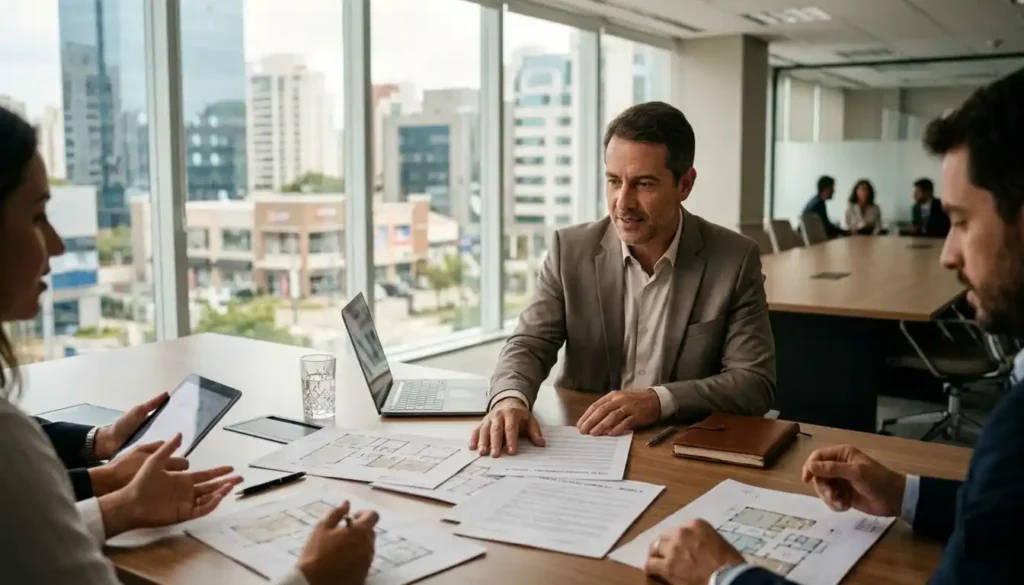 Analista financeiro revisa documentos e informações sobre imóveis comerciais em uma mesa de trabalho. A imagem representa gestão ativa, aquisição de ativos e acompanhamento de resultados de um fundo imobiliário.