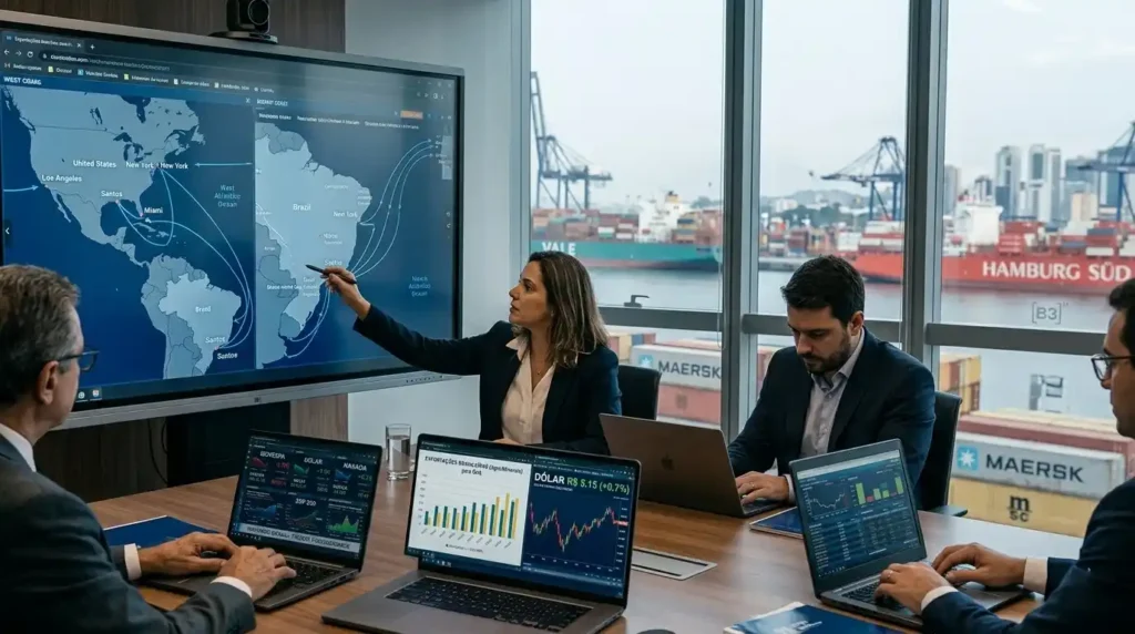 Equipe de analistas financeiros avalia gráficos sobre comércio exterior, dólar e mercado de ações. A imagem representa a análise dos impactos econômicos das tarifas dos Estados Unidos sobre o Brasil.