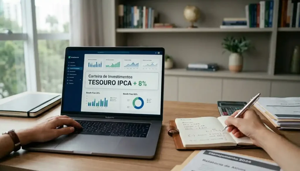 Pessoa analisando investimentos em um ambiente calmo e organizado, representando planejamento financeiro e tomada de decisão.