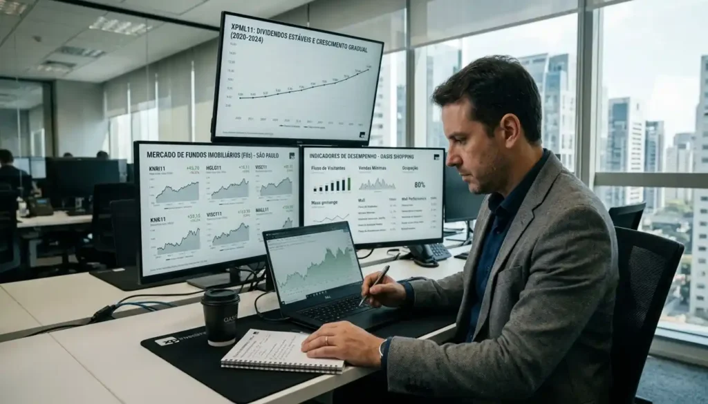 Investidor em escritório moderno analisa gráficos de fundos imobiliários e dividendos em múltiplas telas, representando estudo e estratégia financeira.