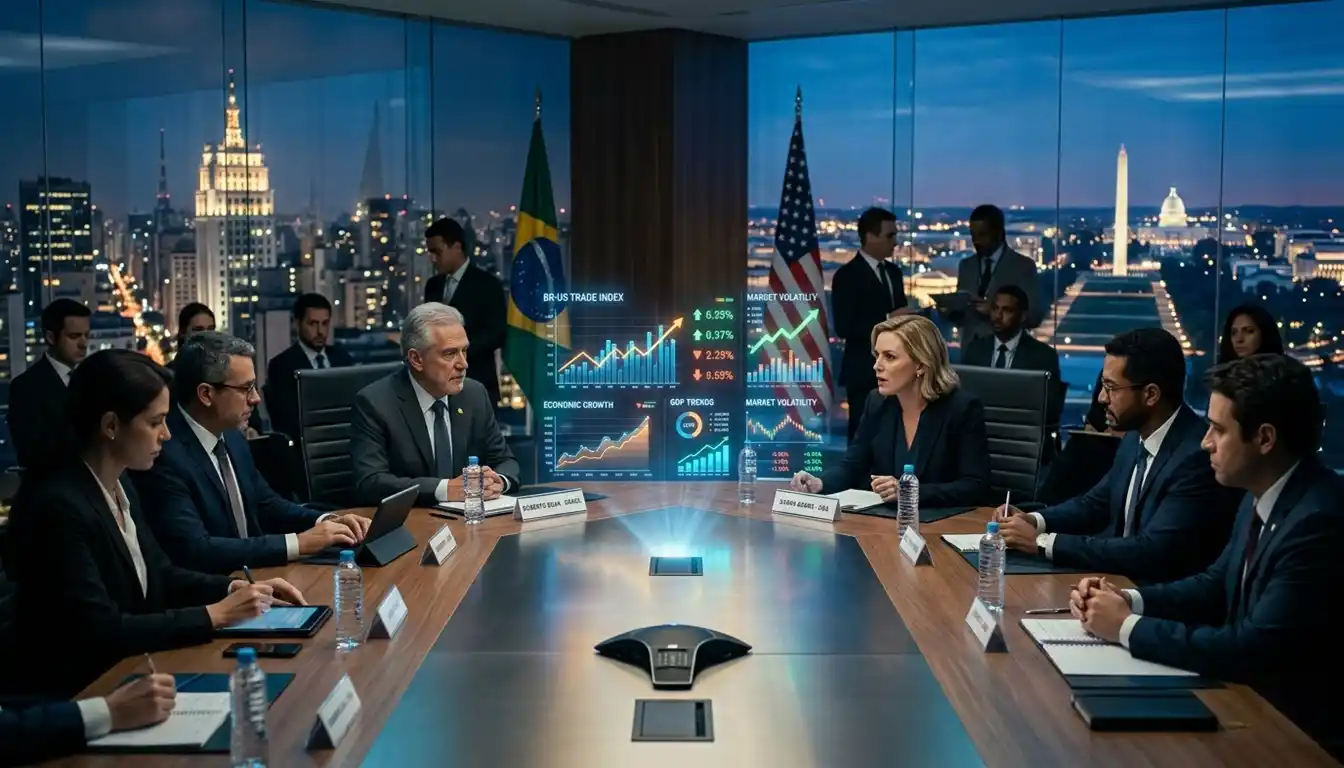 Sala de reunião moderna com representantes implícitos de Brasil e EUA em negociação econômica. Gráficos financeiros holográficos simbolizam tensão e decisões comerciais globais.