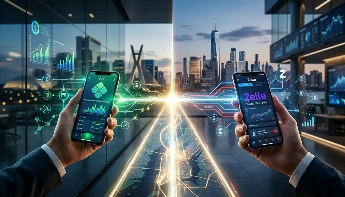 Ilustração realista comparando sistemas de pagamentos digitais do Brasil e dos Estados Unidos. A imagem mostra tecnologia financeira moderna conectando os dois países por meio de transferências instantâneas.
