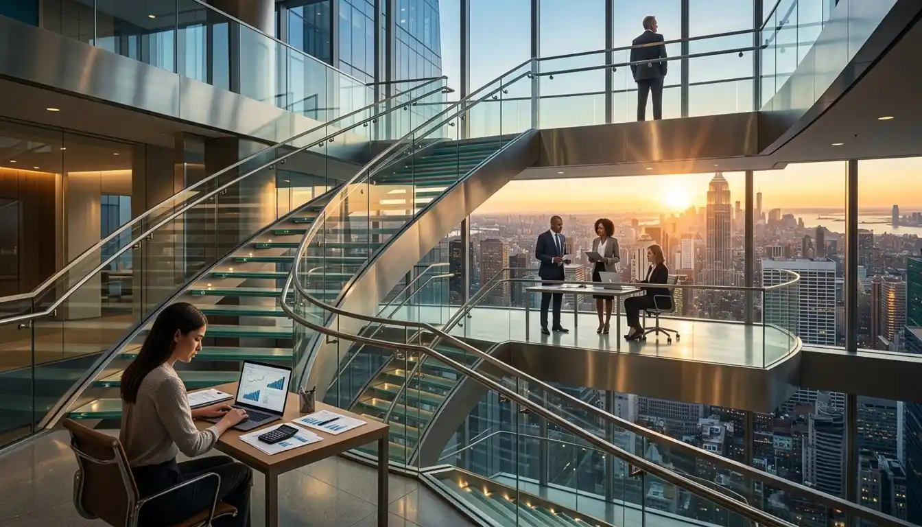 Uma escada moderna simboliza diferentes etapas da construção de patrimônio. Pessoas em cada nível representam a evolução financeira até alcançar maior liberdade e prosperidade.