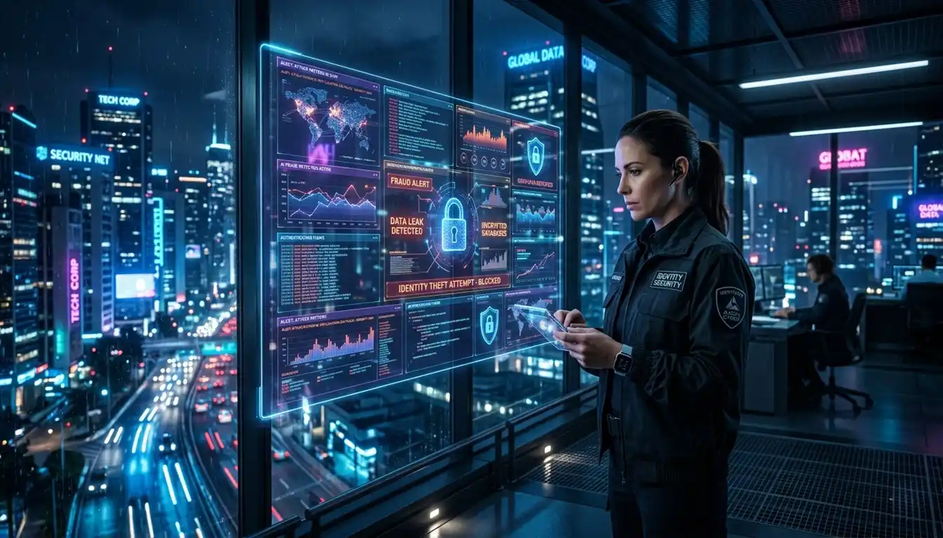 Especialista em segurança digital analisa painel holográfico com alertas de fraude em uma cidade tecnológica iluminada à noite, representando proteção contra fraudes digitais.