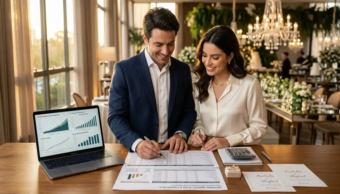 Casal analisando o orçamento do casamento em uma mesa com documentos financeiros, alianças e gráficos. A cena transmite organização, planejamento e segurança financeira para a vida a dois.