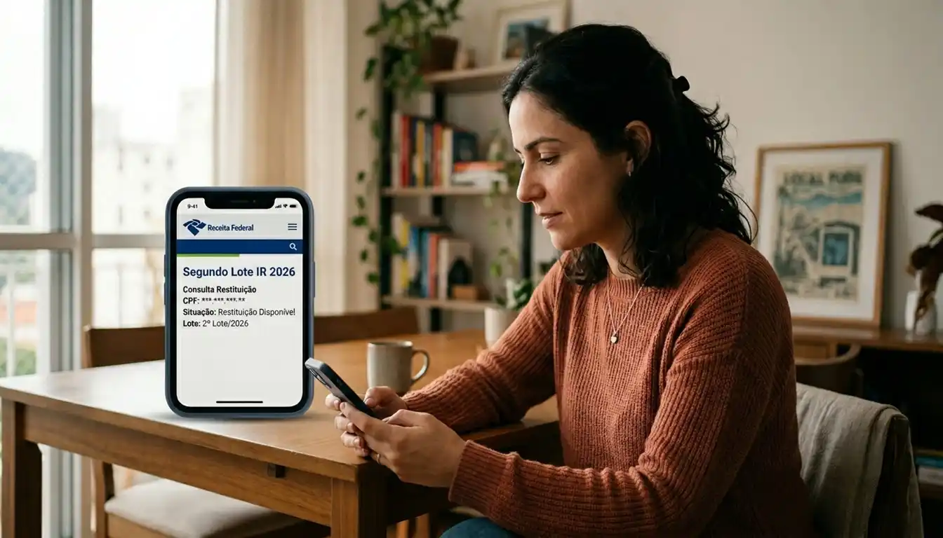 Pessoa comum consultando o segundo lote IR 2026 no site do governo ou aplicativo bancário. A imagem representa a verificação da restituição do Imposto de Renda de forma simples e cotidiana.