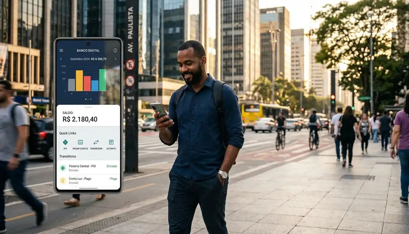 Pessoa utilizando o celular para realizar operações bancárias em um ambiente urbano moderno. A imagem representa o crescimento das transações pelo celular e a digitalização dos serviços financeiros no Brasil.