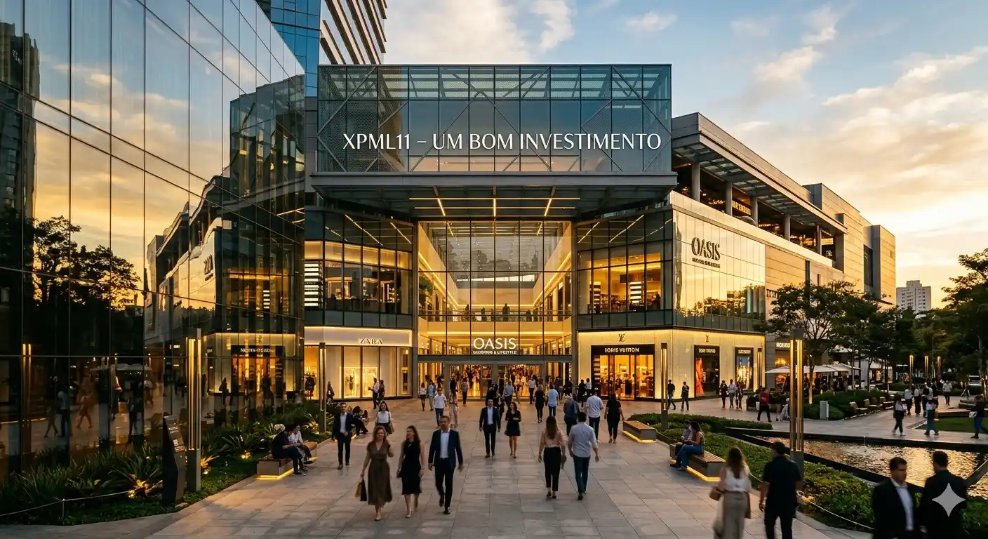 Shopping center moderno e imponente ao entardecer, com destaque sutil para o texto “XPML11 – Um bom investimento”, transmitindo solidez e investimento imobiliário.