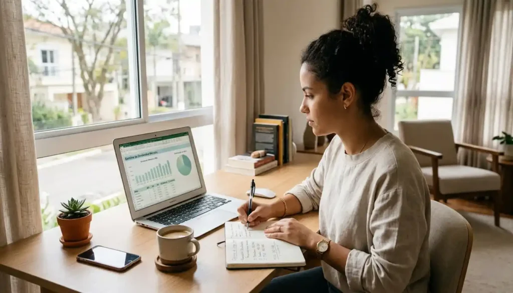 Pessoa organizando investimentos em notebook com planilha de dividendos mensais, em ambiente calmo e iluminado naturalmente, com caderno e café ao lado.