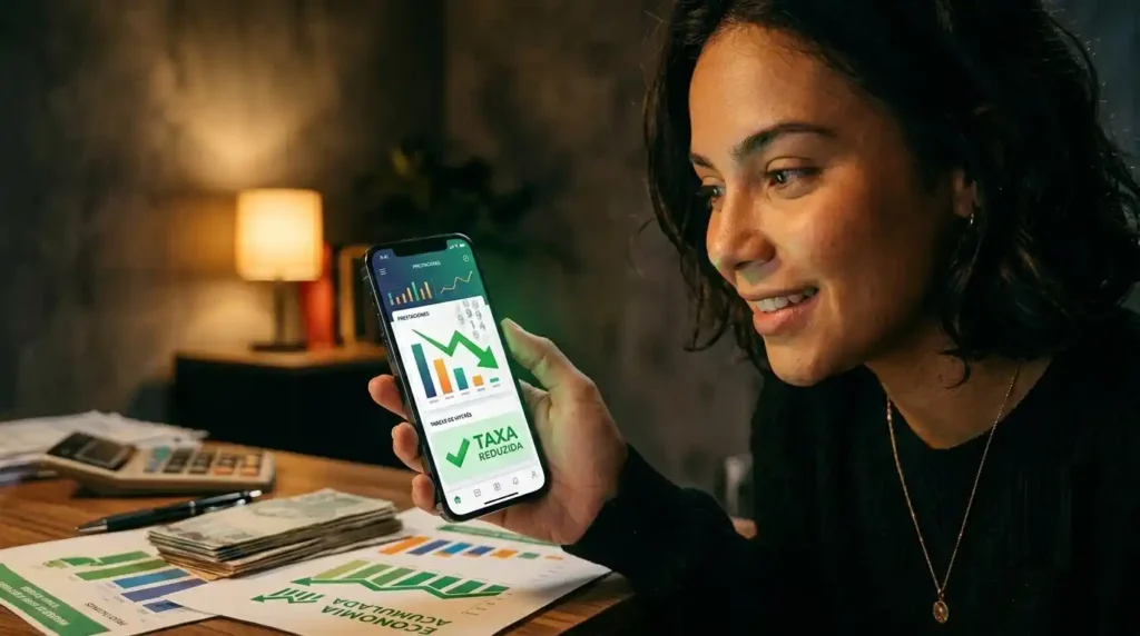 Pessoa antecipando parcelas com amortização de financiamento pelo celular em ambiente doméstico organizado.