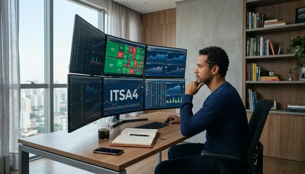 Investidor analisando gráficos de ações e dividendos em um home office moderno, com múltiplas telas exibindo dados financeiros.