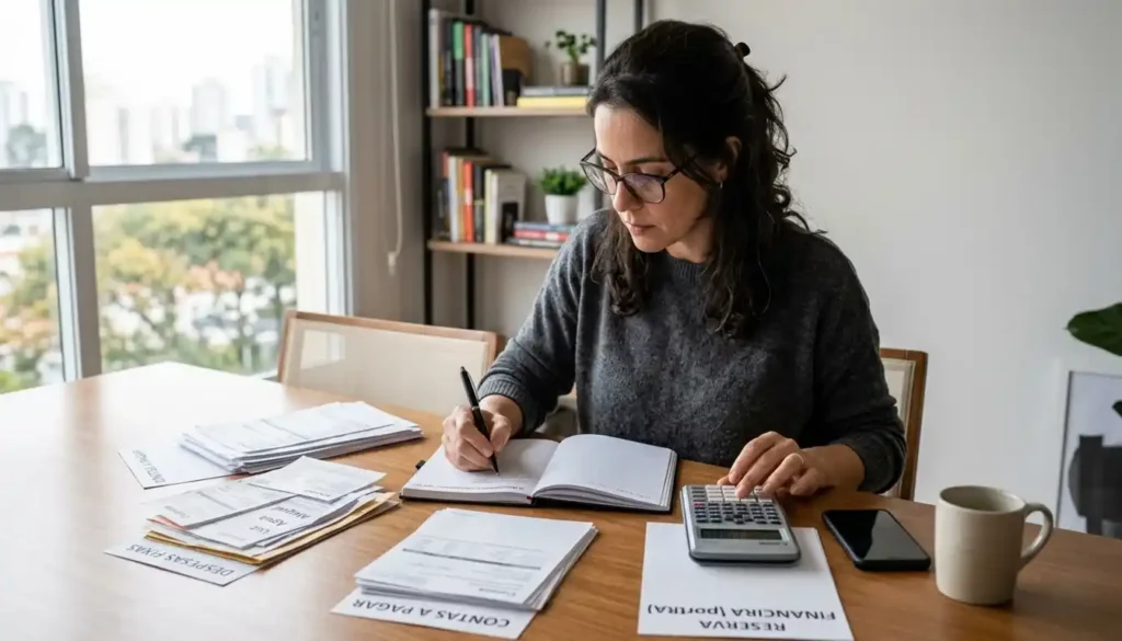 Pessoa organizando contas e planejando o orçamento para quitar dívidas e melhorar o controle financeiro.
