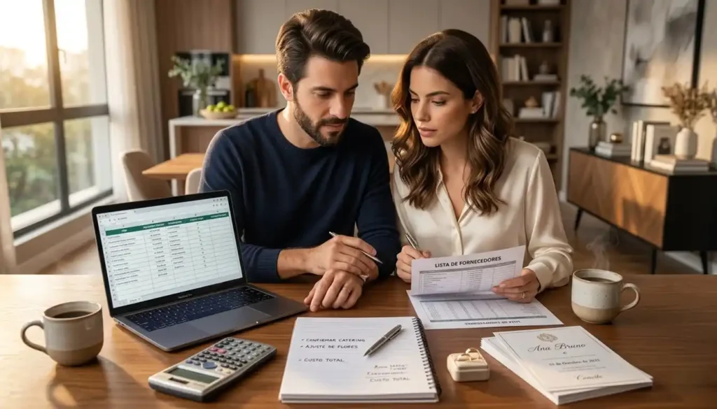 Casal organizando o orçamento do casamento em casa com notebook, calculadora e anotações financeiras. A imagem representa planejamento, diálogo e controle dos gastos antes da cerimônia.