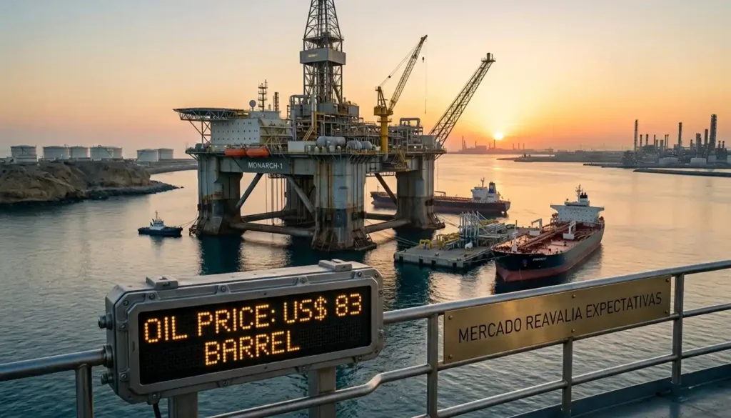 Prédio corporativo do setor de energia aparece iluminado enquanto a cotação do petróleo é exibida em destaque. A cena simboliza os efeitos da queda do barril sobre empresas petrolíferas.