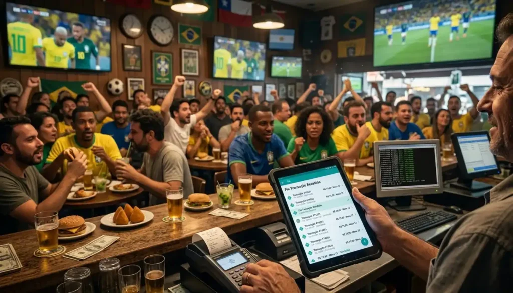Gerente acompanha pagamentos via Pix em um estabelecimento durante a transmissão de um jogo da Copa do Mundo. A cena mostra o aumento das transações digitais e a necessidade de controle financeiro em períodos de grande movimento.