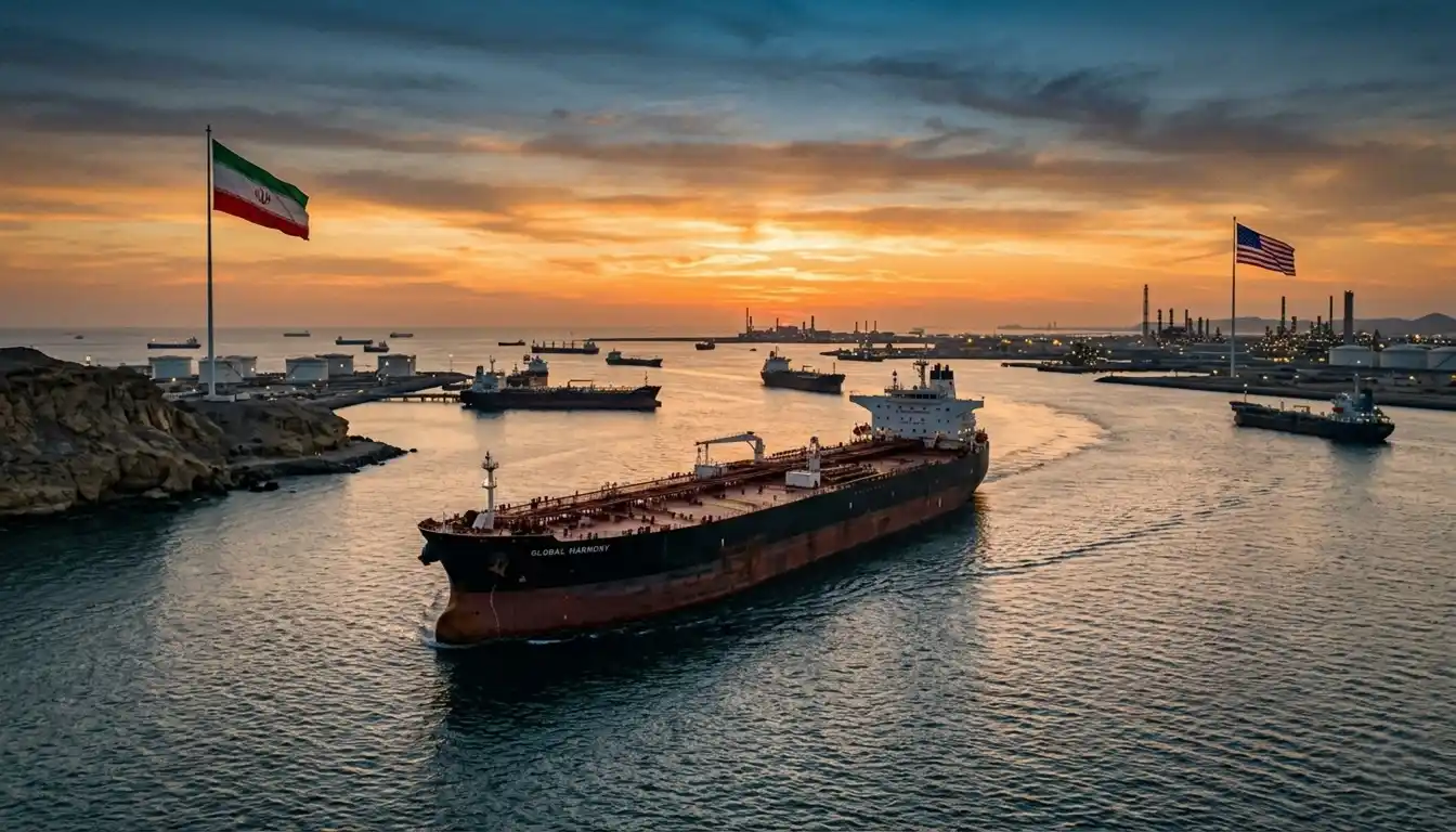 Petroleiro cruza o Estreito de Ormuz enquanto símbolos dos Estados Unidos e do Irã representam o acordo que reduziu as tensões e impactou o mercado de petróleo.