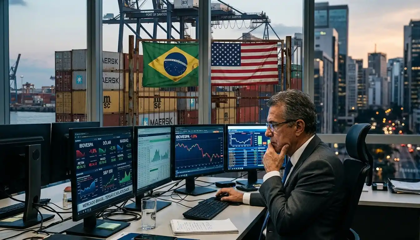 Investidor acompanha gráficos do mercado financeiro enquanto símbolos do comércio entre Brasil e Estados Unidos aparecem ao fundo. A cena representa os possíveis impactos do tarifaço americano sobre a economia e a Bolsa brasileira.