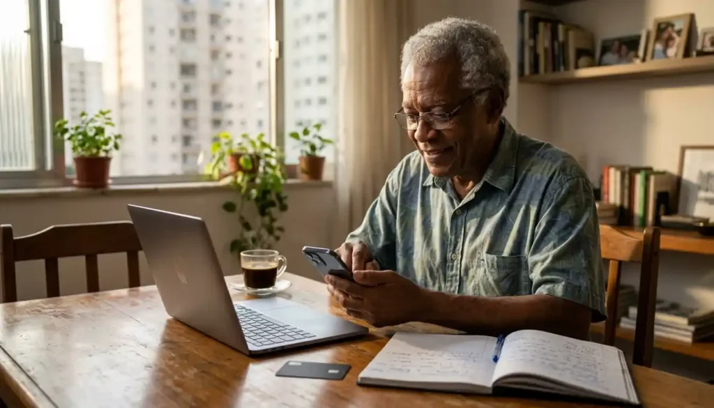 Senhor organiza as finanças utilizando um aplicativo bancário no celular enquanto trabalha em casa. A cena ilustra como as transações pelo celular fazem parte da rotina financeira dos brasileiros.