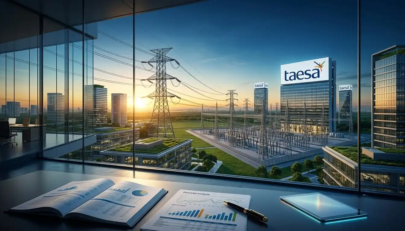 Central de transmissão de energia enquanto gráficos financeiros aparecem de forma discreta ao fundo. A imagem representa estabilidade operacional, dividendos e o equilíbrio entre crescimento e endividamento.