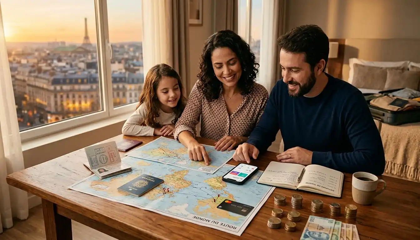 Pessoa organizando um planejamento de viagem com documentos, mapa e itens financeiros sobre uma mesa. A imagem representa controle de gastos e decisões inteligentes para economizar em viagens.