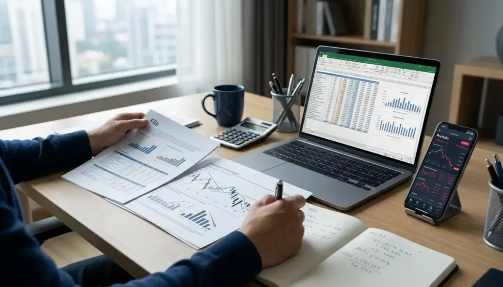 Pessoa compara relatórios e gráficos financeiros enquanto analisa investimentos em fundos imobiliários. A imagem representa a avaliação cuidadosa dos riscos e da geração de rendimentos antes de tomar decisões.