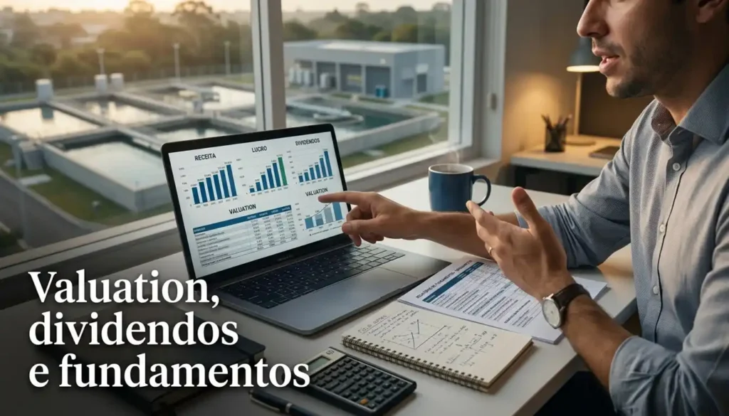 Analista financeiro examina indicadores fundamentalistas enquanto compara dados da empresa em um ambiente profissional. A imagem representa uma análise criteriosa antes de investir.